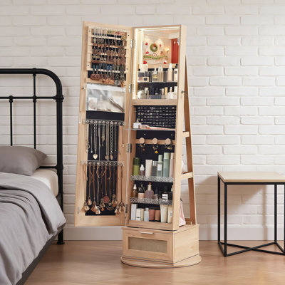 Armoire à bijoux en rotin avec miroir pivotant pleine longueur, rangement verrouillable, 3 modes d'éclairage à DEL, miroir intérieur et tablettes arrière pour l'organisation des bijoux