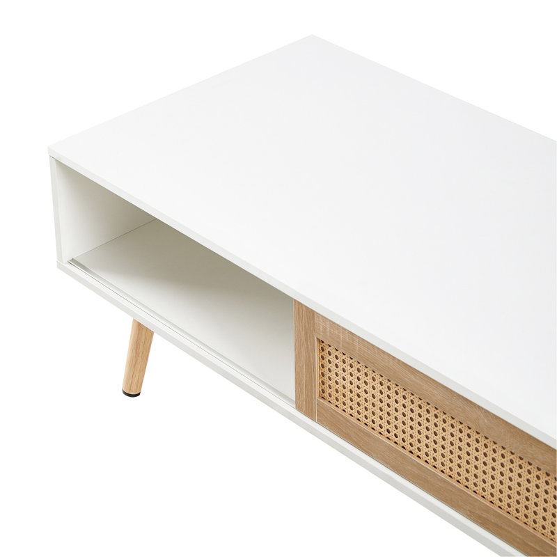Table basse de salon 41,24 "avec pieds en bois massif, porte coulissante blanche pour table de fonction, blanche, décorative