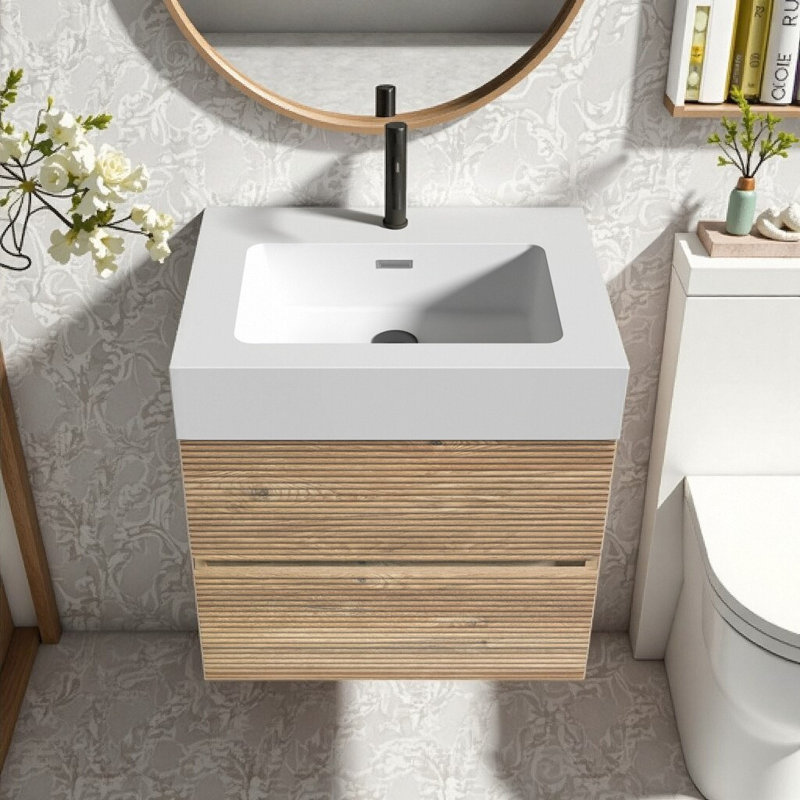 Meuble-lavabo moderne 24 po avec tiroirs à fermeture en douceur et lavabo à quartz intégré - montage mural peu encombrant, rangement double écologique