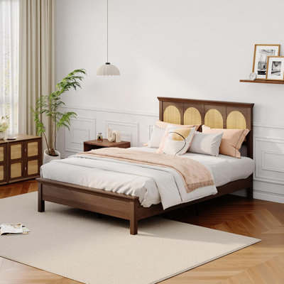 Queen Bed Frame with Rattan Headboard, Storage Shelf, Underbed Storage & Silent Slats