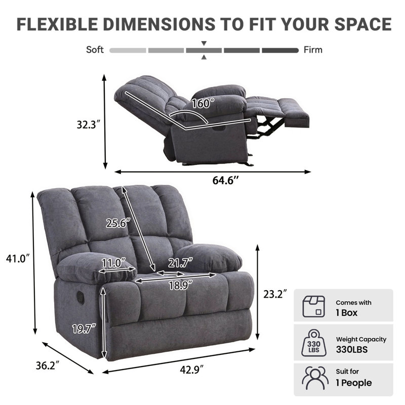 Batholo 42.9" Wide Modern Manual Glider Upholstered Recliner, Gray Polyester