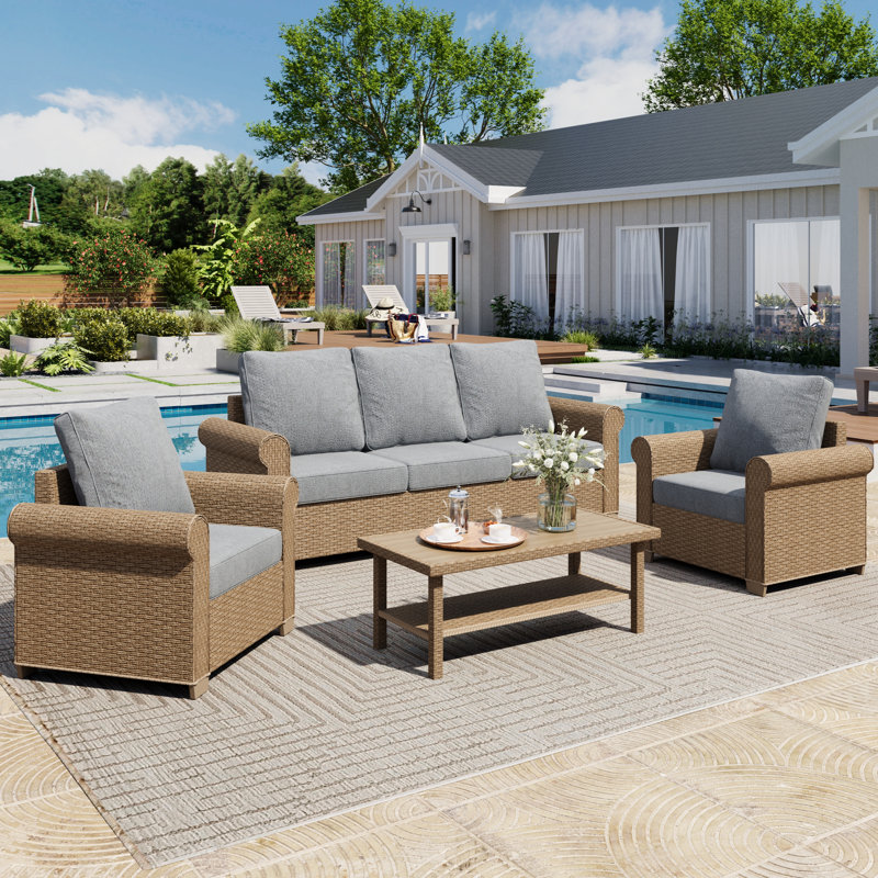 All-Weather Wicker 5 - Person Patio Conversation Sets with Coffee Table, Gray, No