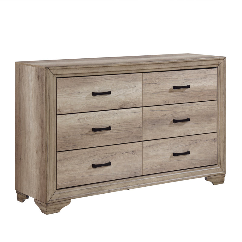 Commode 6 tiroirs à finition naturelle Ironesha avec quincaillerie noire, design contemporain rustique, 1 pièce