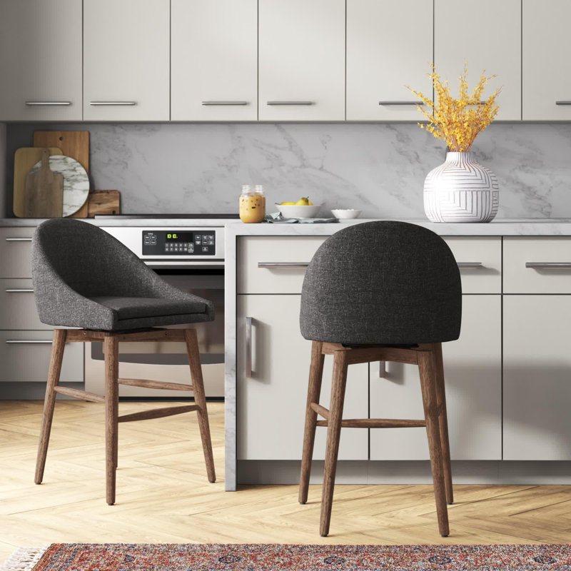 Loyd Upholstered Counter Stool with Solid Wood Frame, Gray Linen, Walnut, Counter Stool (24" Seat Height)
