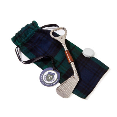 Golf Club Bottle Opener with Plaid Gift Pouch, Brass and Mango Wood, 7.5" H