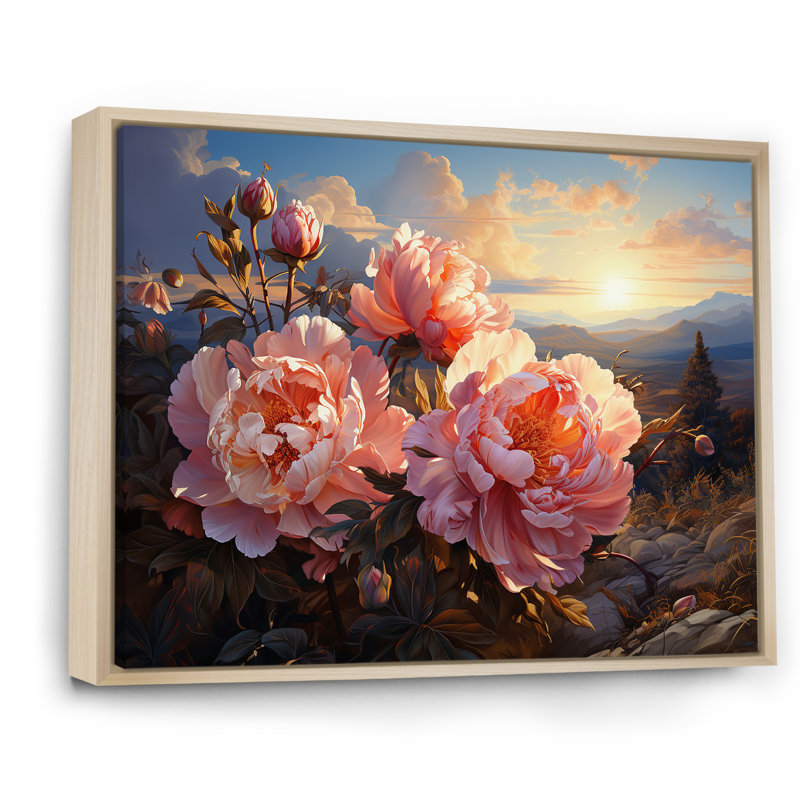 Pivoines magiques au coucher du soleil I, Cadre flottant naturel, H 24 po x l 32 po x P 1 po