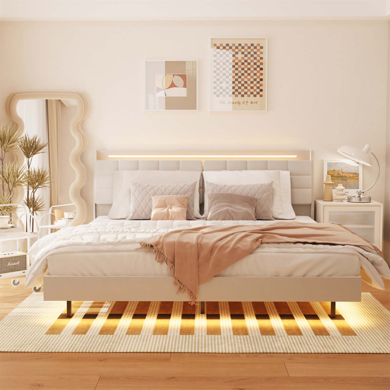 Floating Bed Frame With LED Light And Charging Station Upholstered Platform Bed Frame With Headboard And Hidden Storage Space, No Box Spring Needed