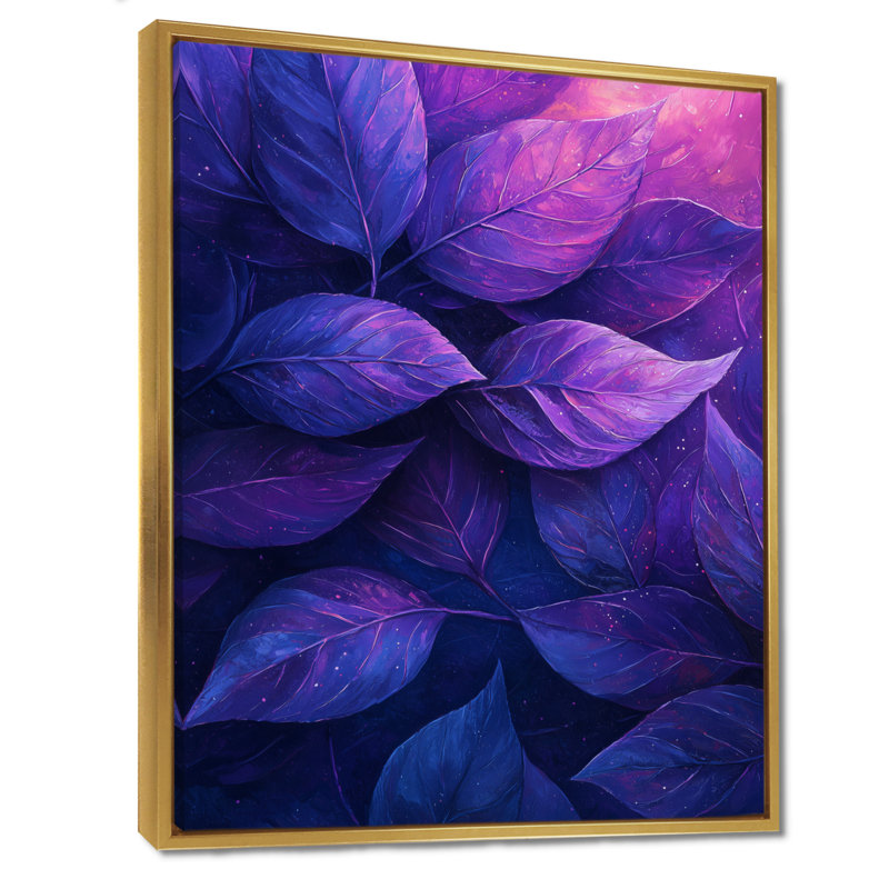 Plum Leaves Evening Collage II - feuilles, art mural, H 32 po x l 16 po, Impression encadrée, Doré