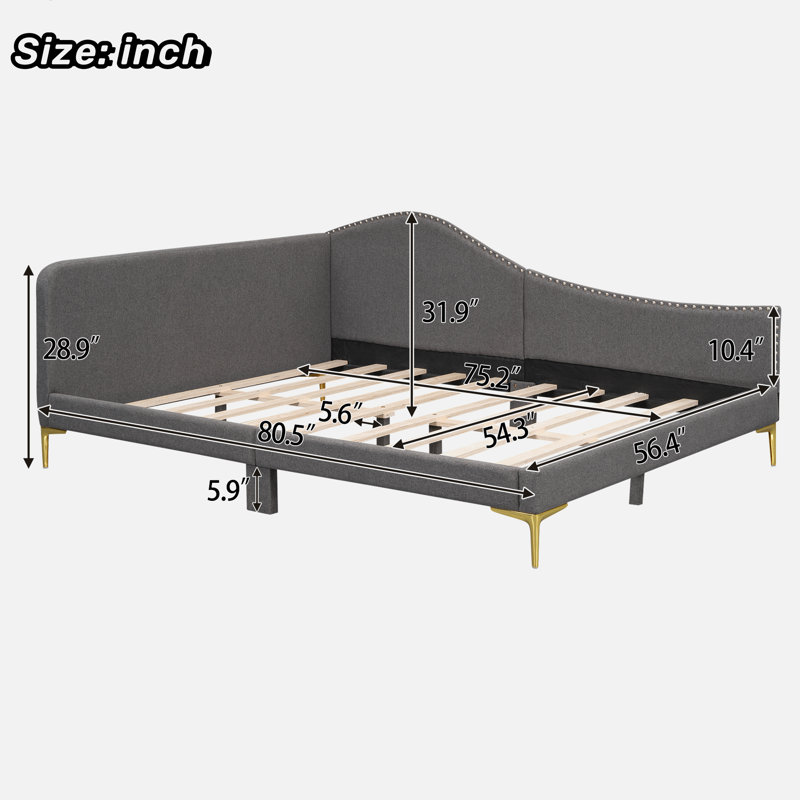 Upholstered Daybed With Headboard And Armrest, Full / Double, Grey