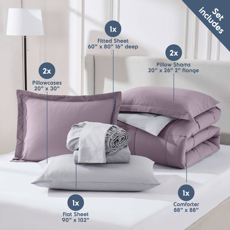 Bed-in-A-Bag Reversible Comforter Set with Bed Sheets, Dusty Purple, Queen Comforter + 7 Additional Pieces