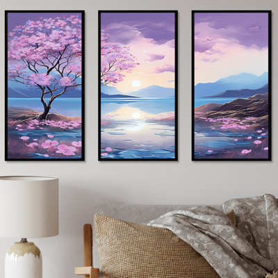 «Beautiful Pink Rhododendron Landscape I - Flower Field», ensemble d'art mural sur toile