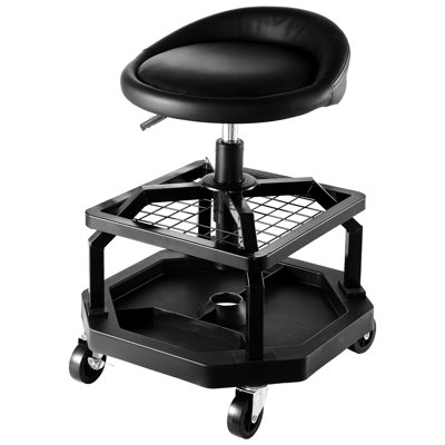Tabouret Garage Shop à hauteur réglable, support de 300 lb, 2 plateaux de rangement, rotation et verrouillage à 360 °, mousse noire roulante avec