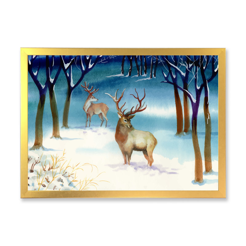 Paysage d'hiver avec des cerfs - peinture sur toile, Cadre doré à coins fermés, H 24 po x l 32 po x P 1 po