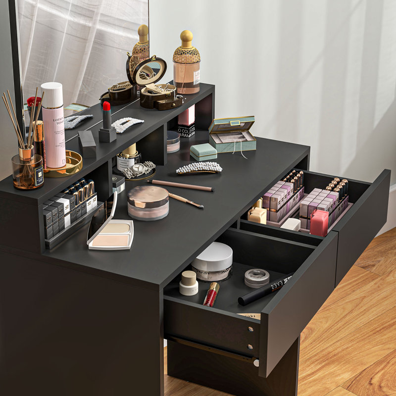 Dressing Dressing Table with Mirror, Drawers, for Bedroom, Black