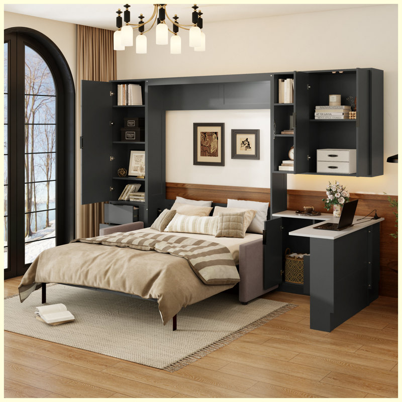 Grand lit escamotable mural avec rangement hydraulique, canapé intégré, tablettes et tiroirs, éclairage DEL / USB, panneau gris foncé avec canapé beige
