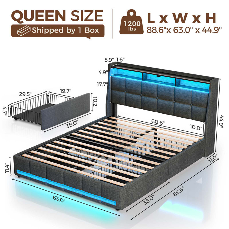 Dyane Upholstered Bed Full Bed Frame with Charging Station and LED Lights, Queen, Gray Linen