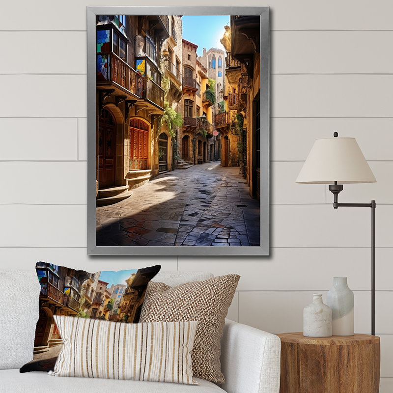 " Spain Gothic Quarter In Barcelone ", Grey Picture Framed, 32" H x 16" W x 1" D