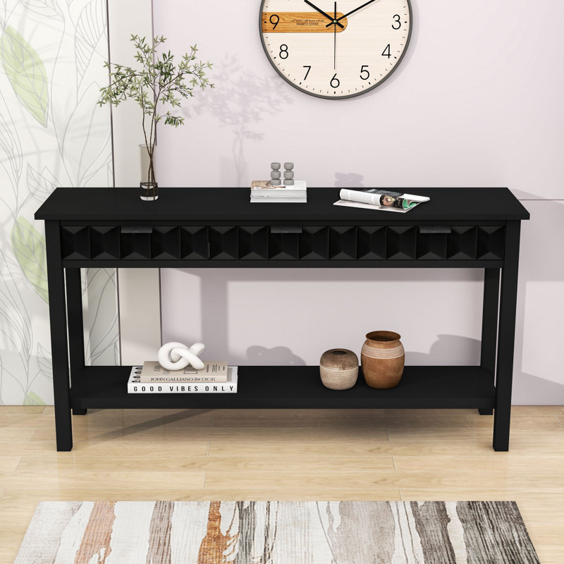 Console rustique en nid d'abeille avec 3 tiroirs de rangement et tablette ouverte, Noir