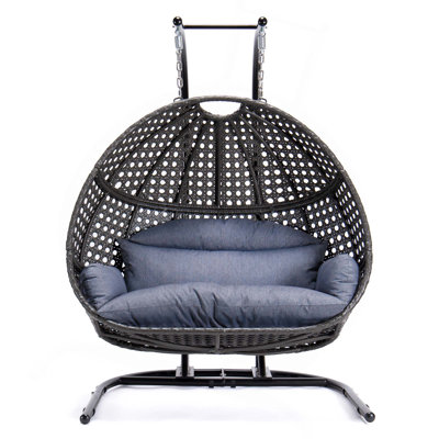 Wicker Hanging Double-Seat Swing Chair With Stand With Cushion