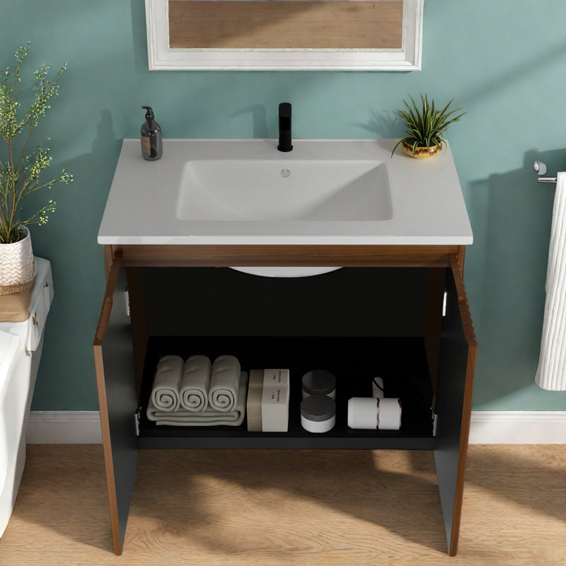 Meuble-lavabo peu encombrant en noyer avec évier en céramique, style moderne