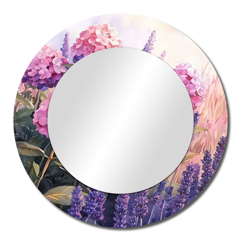 Hydrangeas In A Field Of Lavender I - Floral Accent Wall Mirror - Printed On Metal, 23" x 23"