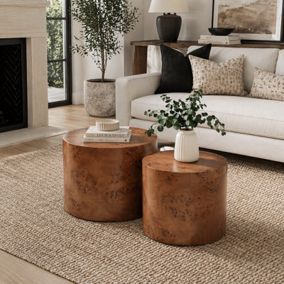 Ensemble de 2 tables basses gigognes rondes, table d'appoint en forme de souche d'arbre, sans assemblage, table d'appoint rustique à grain de tourbillon naturel pour le salon, décor de maison de campagne moderne Wabi-Sabi
