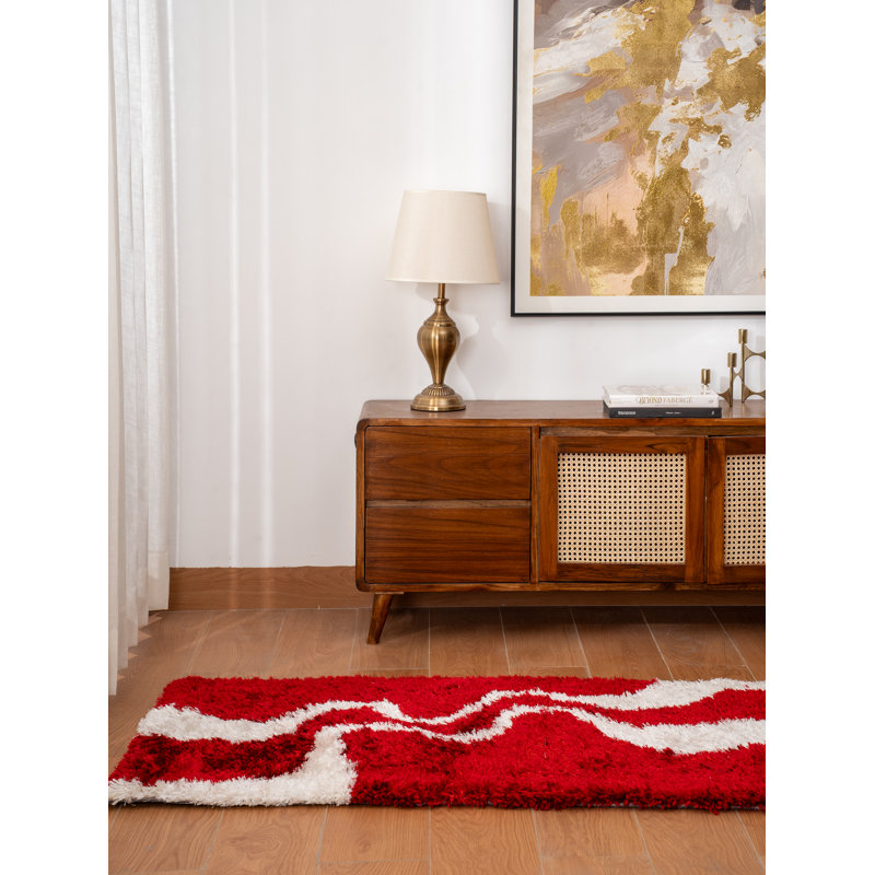 Hand Tufted Shag Polyester Eco-Friendly Area Rugs - Runner | Red White | Contemporary Design, High Pile Thick Handmade Anti Skid Area Rugs for Living Room, Bed Room