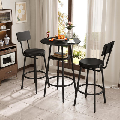 3-Piece Black Round Bar Table Set for 2 with Storage