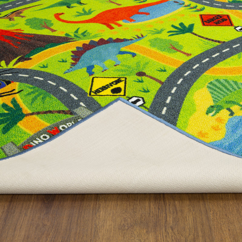 Dinosaur Car Kids Playmat Rug Educational for Kids Road and Traffic Carpet Classroom Playroom Mat, Rectangle 5' x 6'6"