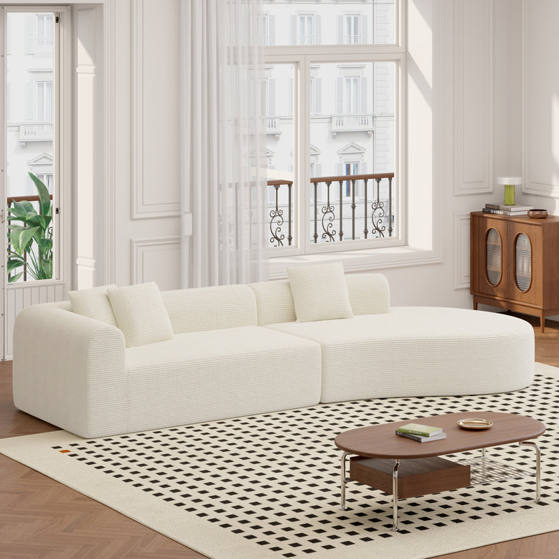 Boneless Modern Style Curved Sofa, Upholstery Corduroy Sofa Couch with 3 Pillows, Oversized Sleek Curved Sectional Boucle Fabric Couch for Living Room