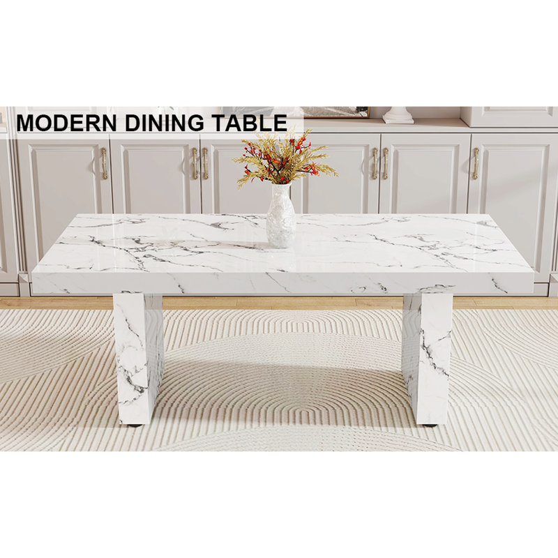 Table de salle à manger blanche à motif de marbre, idéale pour 8 à 10 personnes et comme bureau de recherche d'étudiant, d'une table de bistro de 3,5 pouces d'épaisseur, lisse et convenant à un bistro avec un motif luxueux et un jeu de conférence fonctionnel