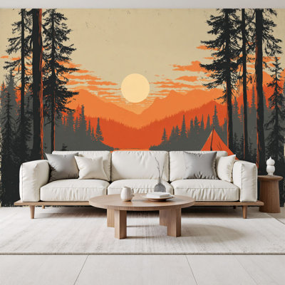 bonfire Peel and Stick Wallpaper Vintage Retro Camping Lake Landscape Cozy Campfire Forest Cabin Forest Wall Murals 69"H x 96"W Removable PVC Wall Paper Self-Adhesive Wall Decor for Bedroom Living Room Home Office