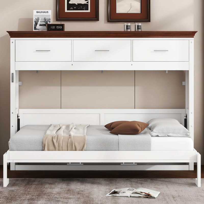 Lit escamotable simple escamotable avec trois tiroirs de rangement internes, blanc