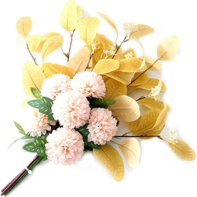 18.5" Simulated Flowers Bouquet, Artificial Chrysanthemum Ball Flowers, Faux Eucalyptus Leaves Orange Silk Hydrangea For Living Room Table Decor, Home Wedding Vases Birthday Party Decor