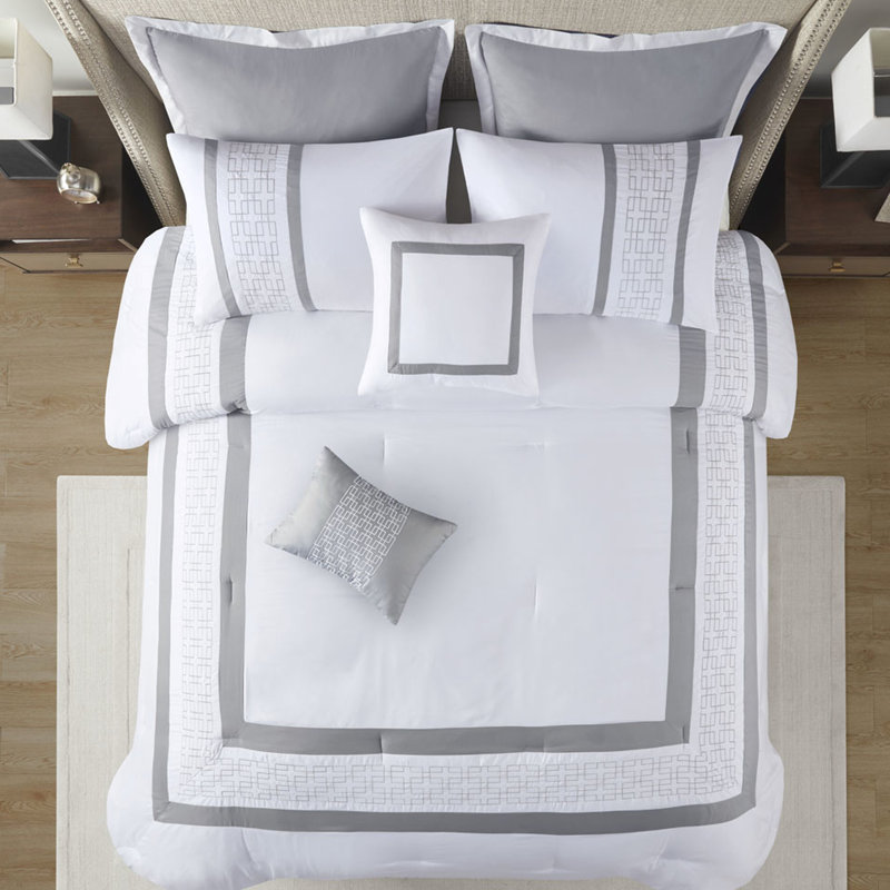 Queen Size 8 Piece Comforter - Embroidered & Pieced Details Hotel Style Decor White And Grey Filling Includes Comforter, , 2 Shams, Euro Decorative Pillows Machine Washable Attractive Ornaments