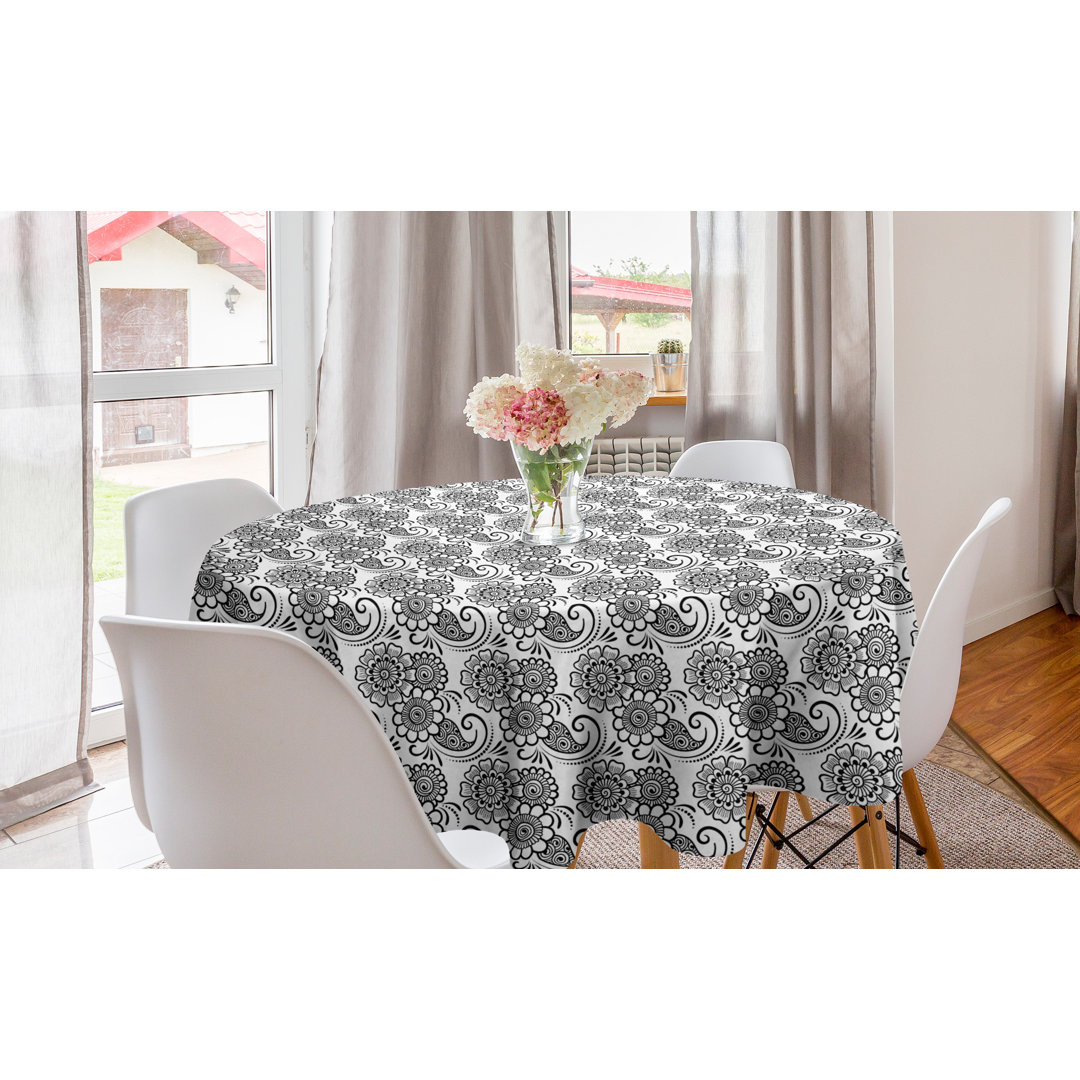 Runde Tischdecke, Monotone Traditionelle Blumen, Blumen, Charcoal Grau und Weiß