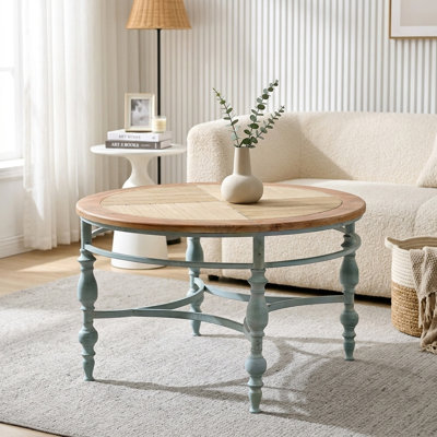 Table basse rustique FFZ de 32 po à montage facile, plateau rond en bois et pattes en métal