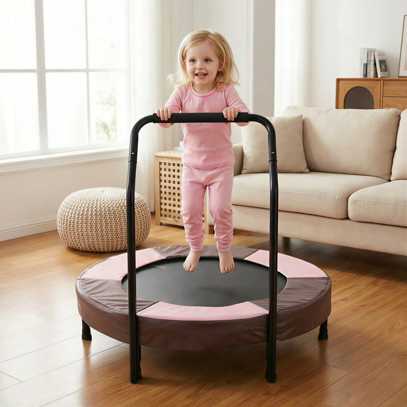 Mini trampoline 36 po pour enfant avec guidon de sécurité et assemblage rapide, trampoline d'intérieur pour tout-petit avec rembourrage épais et cadre stable pour les enfants de 1 à 3 ans, orange, rose