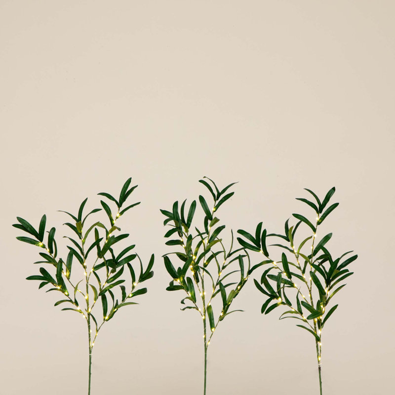 23in. Lighted Artificial Olive Branch Stems with 30 Warm White LED Lights - Set of 3