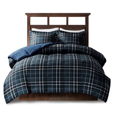 King Down Alternative Comforter - Navy Plaid Soft Flannel-Like Fabric, Fill, 2 Shams, All Season Comfort, Machine Washable, Mini Comforter, Material, Alternative, Matter