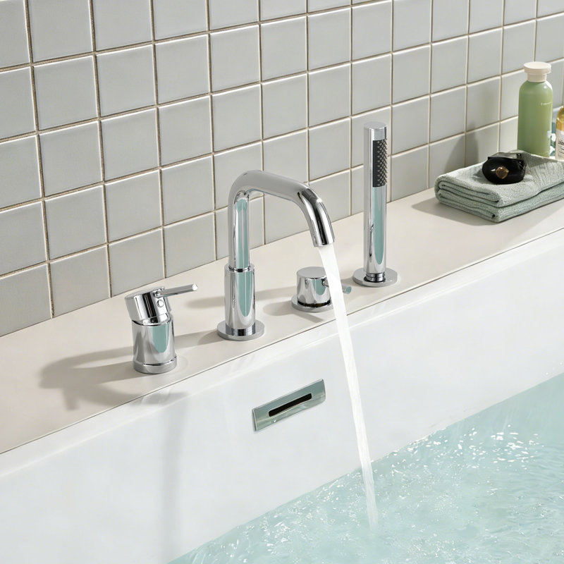 Solid Brass 2-Handle Deck Mounted Roman Tub Faucet With Handheld Shower, Chrome