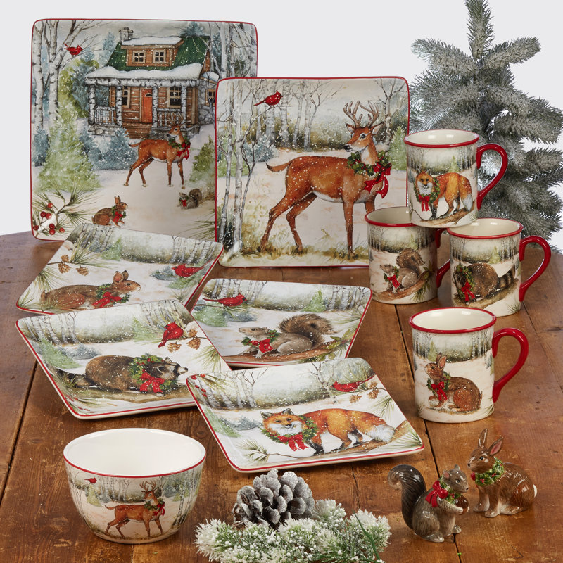 Winter Forest Ceramic Holiday Dinnerware Set, Service for 4