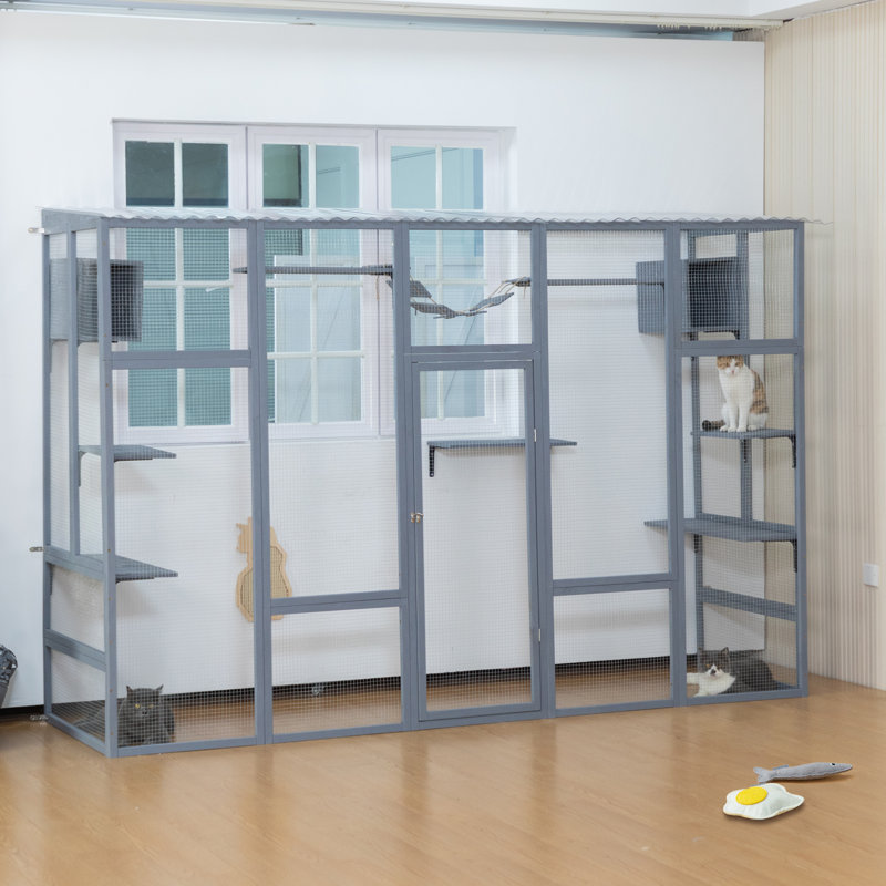 Enclos pour chat en bois avec 6 plateformes de saut, 2 condos pour chat, pont pour chat et planche à gratter, gris
