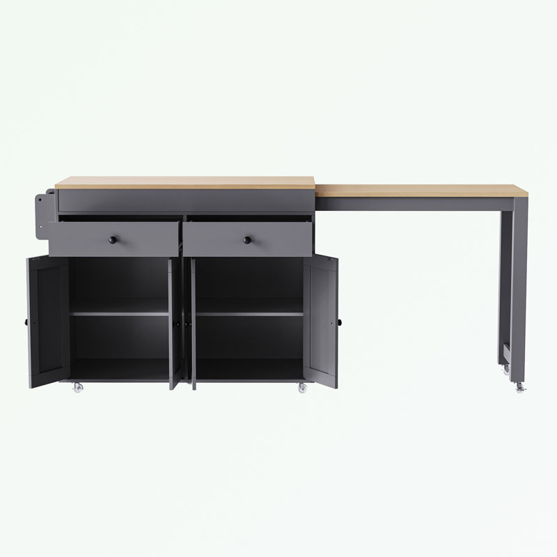 Îlot de cuisine avec table de salle à manger extensible, étagère à épices et 2 tiroirs, Gris