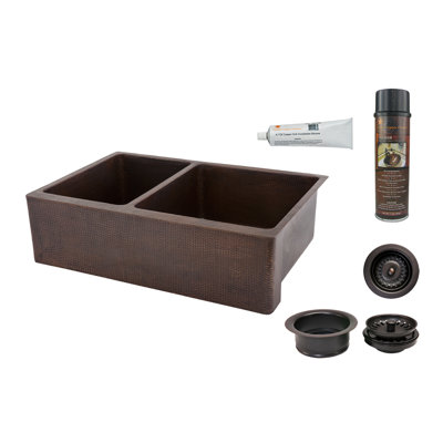 33" Hammered Copper Kitchen Apron 40/60 Double Basin Sink with Matching Drains, and Accessories