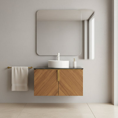 Meuble-lavabo mural 30 po avec plateau en pierre frittée noire et lavabo en céramique blanche | Armoire en contreplaqué en chêne brun, portes doubles, fermeture en douceur
