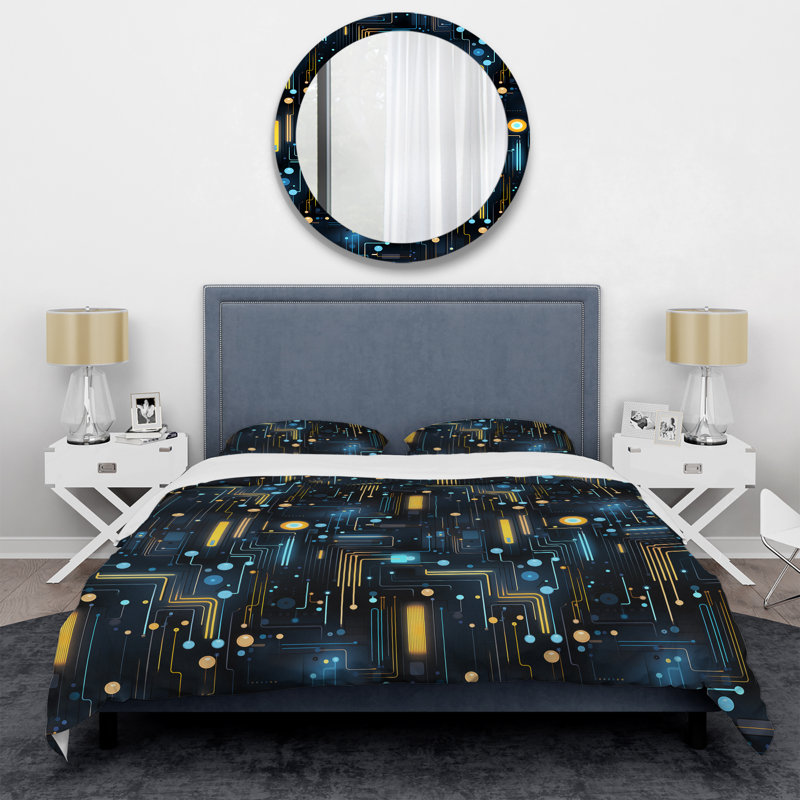 Literie bleue à rayures futuristes, Housse de couette simple + 1 taie décorative stan