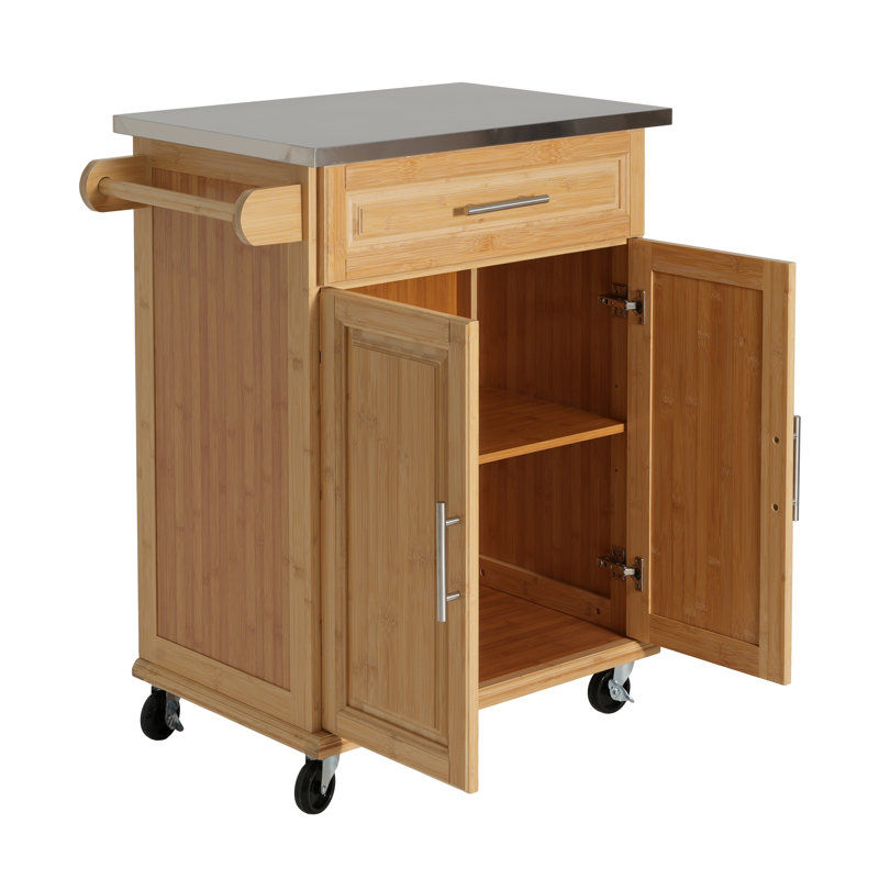 Compact Bamboo Rolling Kitchen Cart with Stainless Steel Top, Natural Finish