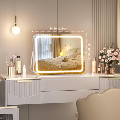 Miroir de salle de bain à DEL avec lumières, miroir de maquillage 15 po x 11 po avec 3 modes d'éclairage, contrôle tactile intelligent, luminosité réglable, rotation à 360 °, cadre blanc, comprend une loupe 5X