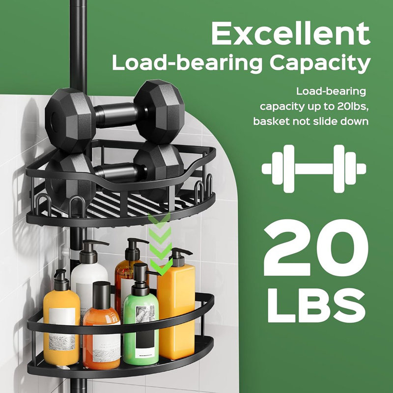 Shower Caddy Tension Pole - Black - 4-Tier Rustproof Tension Pole Corner Organizer, Floor-Standing, Quick Install, Large Capacity With Soap Holder